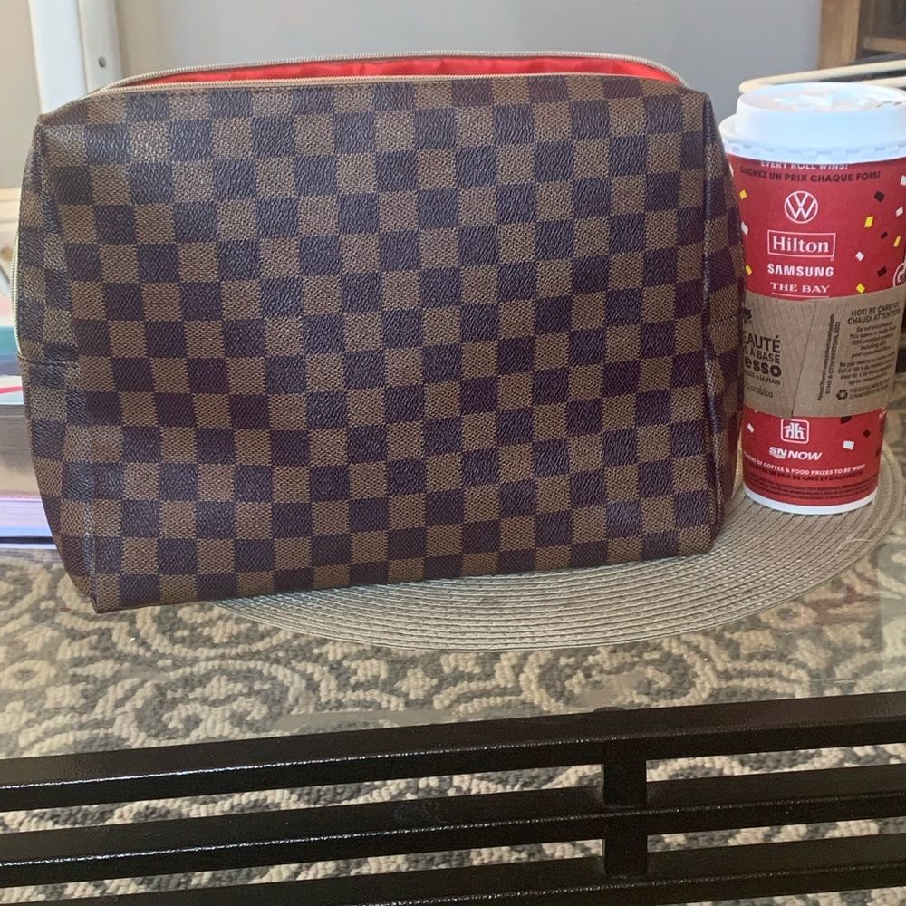 Brown checkered makeup bag